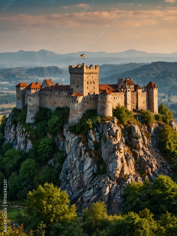 Medieval castle on a rocky hill with scenic views of distant mountains. Medieval castle on a rocky hill with scenic views of distant mountains.