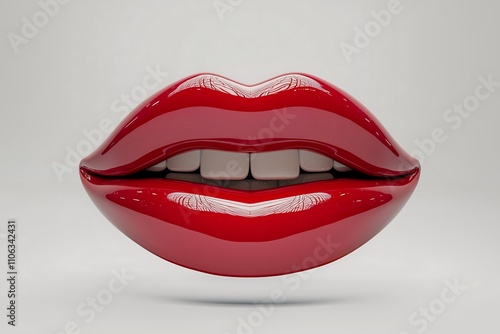 3d glossy red lips with white teeth isolated on a white solid background.