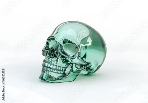 3d glossy green transparent skull on white background.