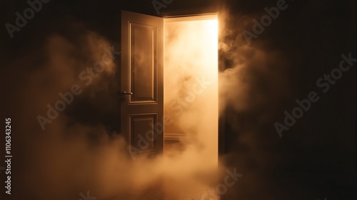 An open door leads to an empty room with smoke and mystical lightning.