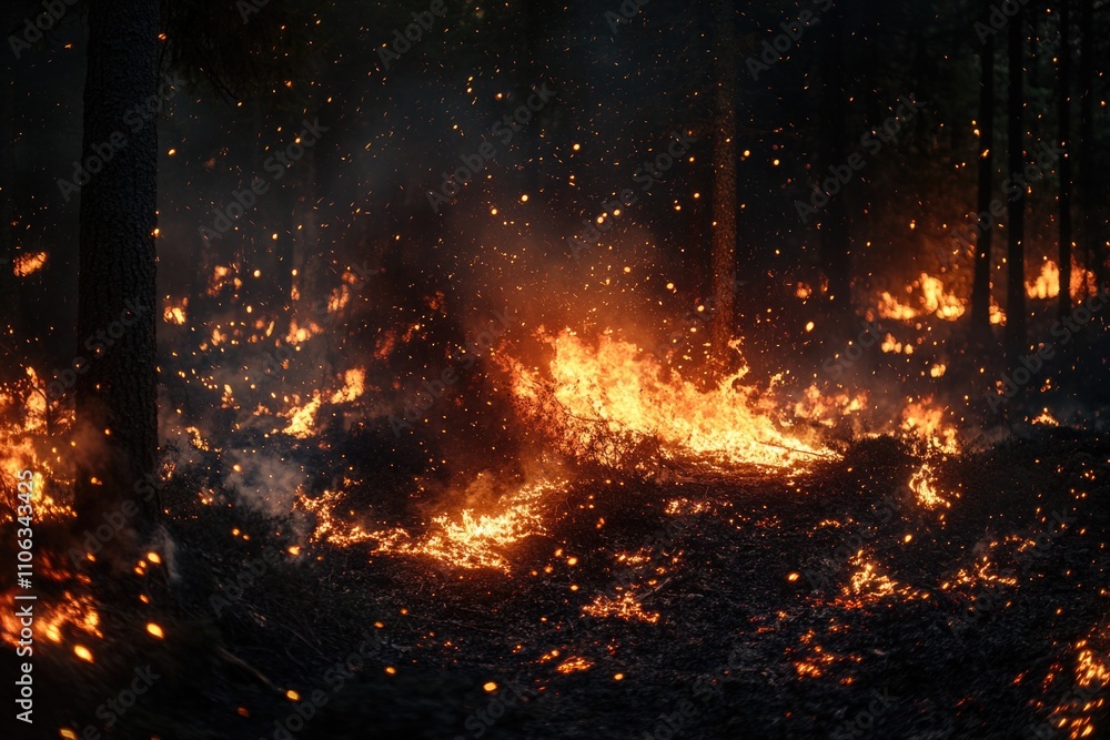 A raging fire in the midst of a dense forest, with flames and smoke consuming the trees A raging fire in the midst of a dense forest, with flames and smoke consuming the trees