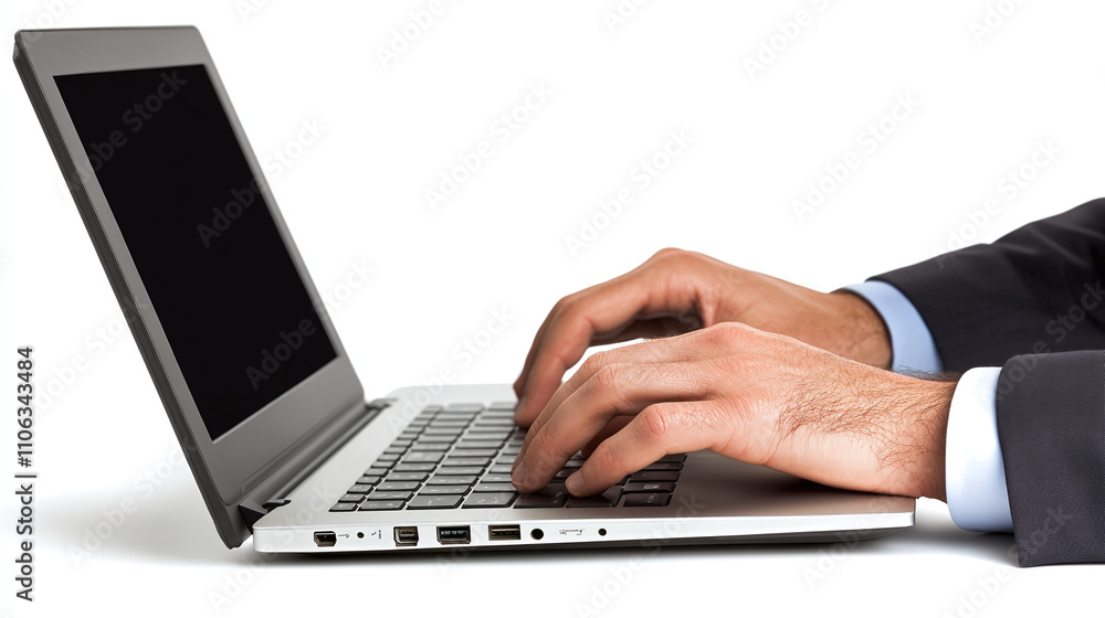 Businessman typing on a laptop notebook computer isolated on white background. using technology, working online, corporate employee workplace. Businessman typing on a laptop notebook computer isolated on white background. using technology, working online, corporate employee workplace.