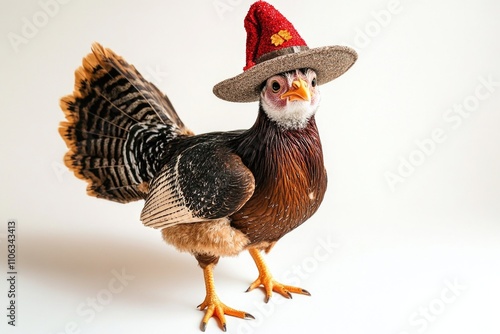 A chicken with a hat on its head, perfect for humorous illustrations or farm-themed designs photo