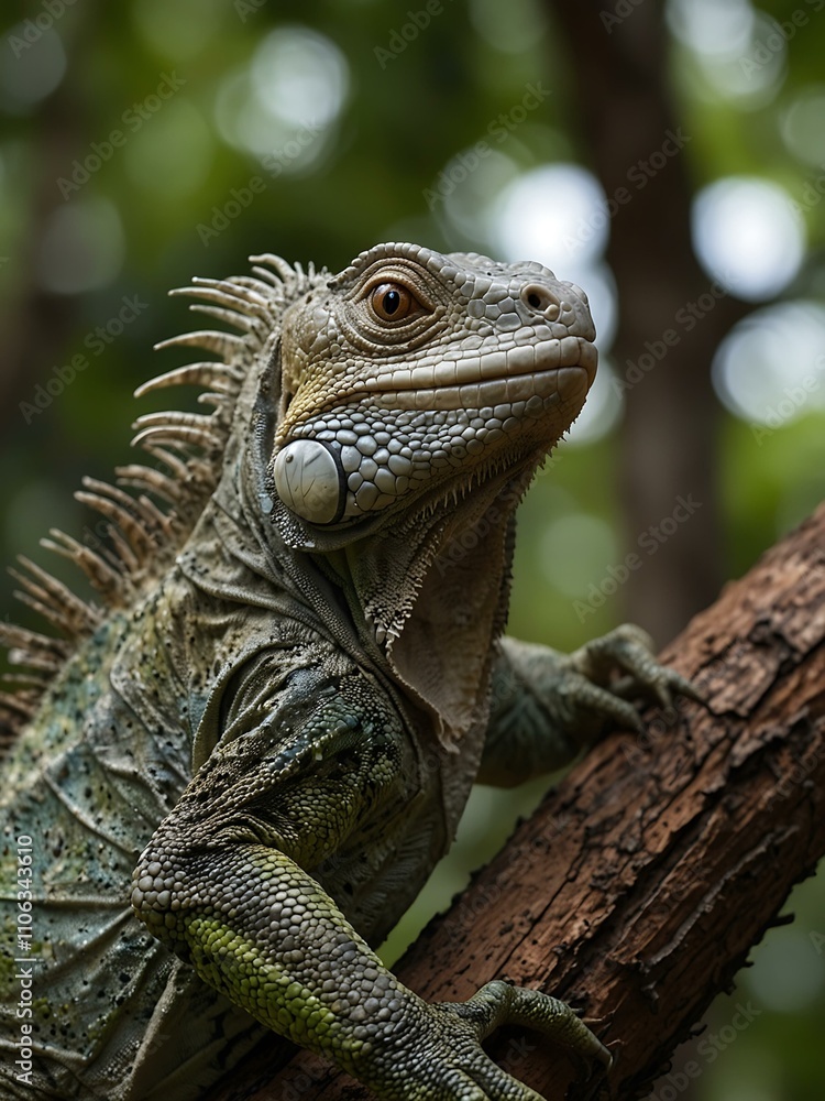 Fototapeta premium Medium shot of an iguana on a tree.