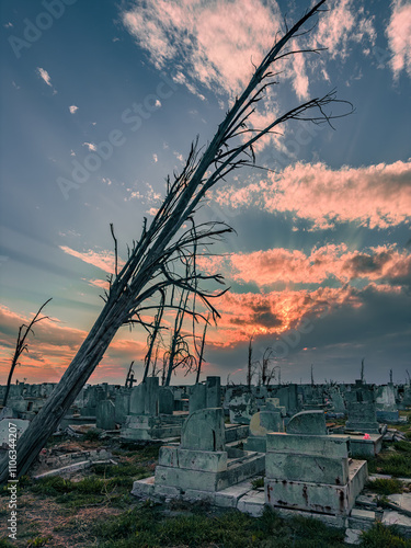 Carhue cemetery ruins at sunset photo