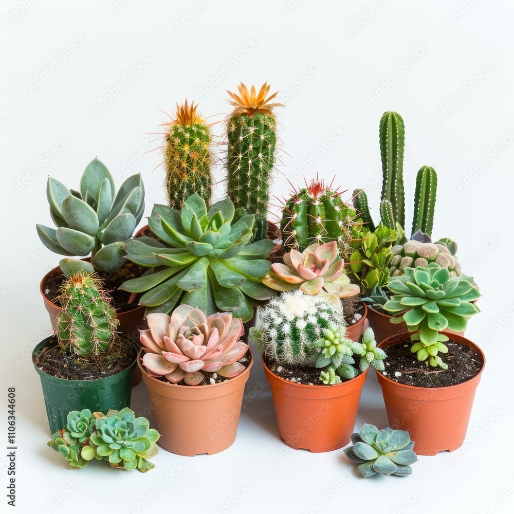 A collection of various succulents and cacti in terracotta pots, creating a vibrant miniature desert garden. A collection of various succulents and cacti in terracotta pots, creating a vibrant miniature desert garden.