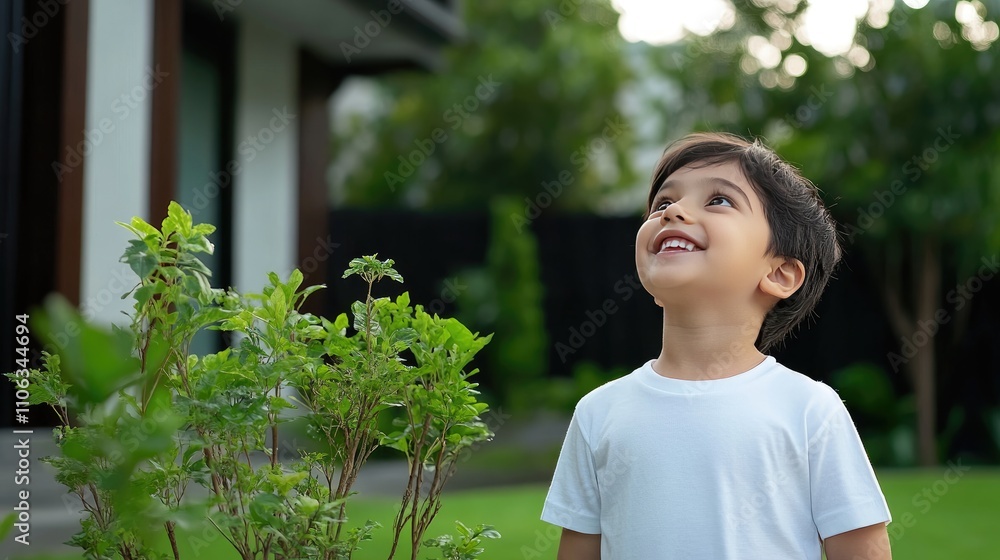 A young Indian boy smiles widely, looking up with curiosity and joy, dressed in a white shirt, captured in a candid moment of happiness. A young Indian boy smiles widely, looking up with curiosity and joy, dressed in a white shirt, captured in a candid moment of happiness.