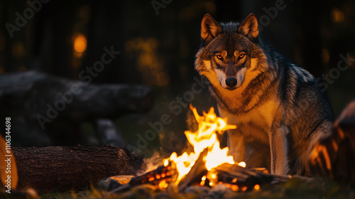 Portrait of a dangerous wolf predator standing near the campfire flame in forest woods, wildlife nature in dark night outdoors. summer wilderness woodland animal, copy space. photo