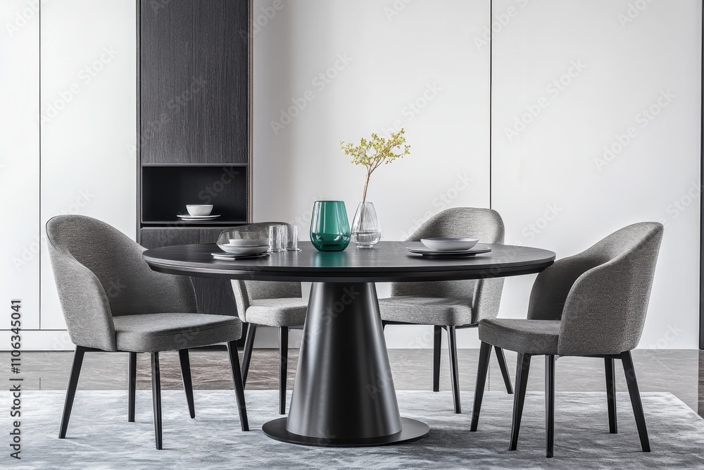 A black table with four chairs around it. There is a vase on the table with flowers in it A black table with four chairs around it. There is a vase on the table with flowers in it