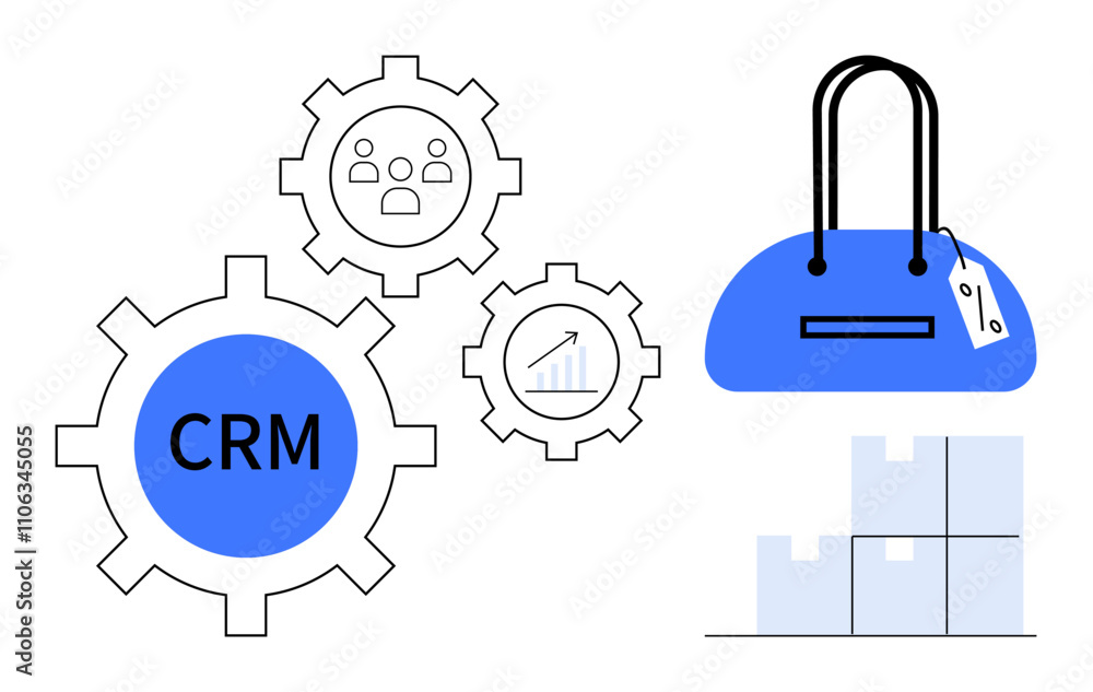 Gears with CRM, customer icons, graph, purse with price tag, and boxes representing inventory management. Ideal for retail, business strategy, sales analysis, customer relations inventory control Gears with CRM, customer icons, graph, purse with price tag, and boxes representing inventory management. Ideal for retail, business strategy, sales analysis, customer relations inventory control