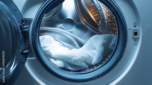 White washing machine isolated on white background. dirty clean laundry clothes electronic washer, domestic home household technology appliance, open glass drum door. photo