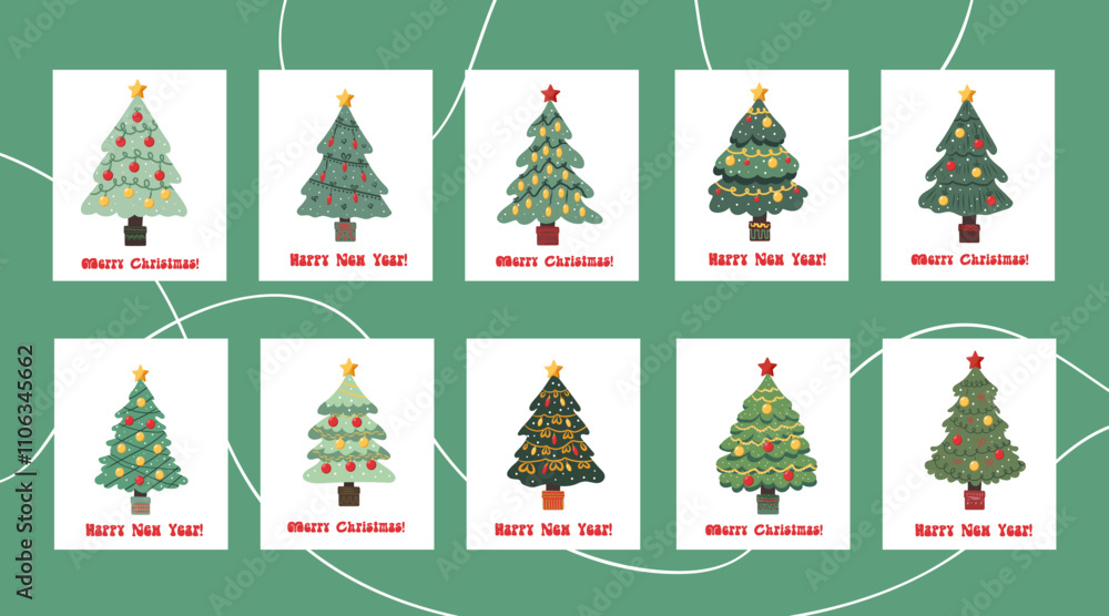 Naklejka premium Set of Christmas trees of different shapes with garlands, balls and toys with handwritten text. Vector Christmas trees in flat style on a white background.