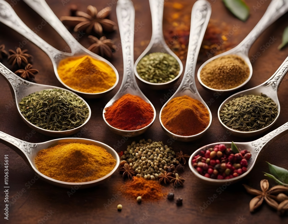 Exquisite Indian Spices on Spoons: A Colorful Blend of Aromatic Flavors Exquisite Indian Spices on Spoons: A Colorful Blend of Aromatic Flavors