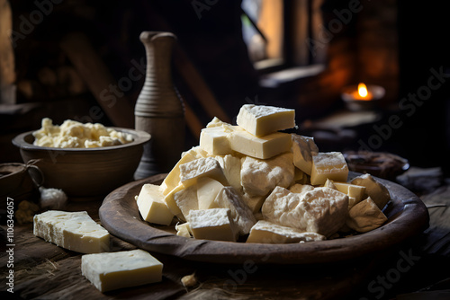 Rustic Cheese Platter with Himalayan Churpi and Mixed Cheeses on Wooden Board