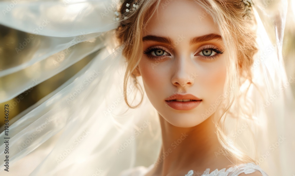 Close-up of bride's face with flowing veil. Concept: timeless beauty and bridal elegance Close-up of bride's face with flowing veil. Concept: timeless beauty and bridal elegance