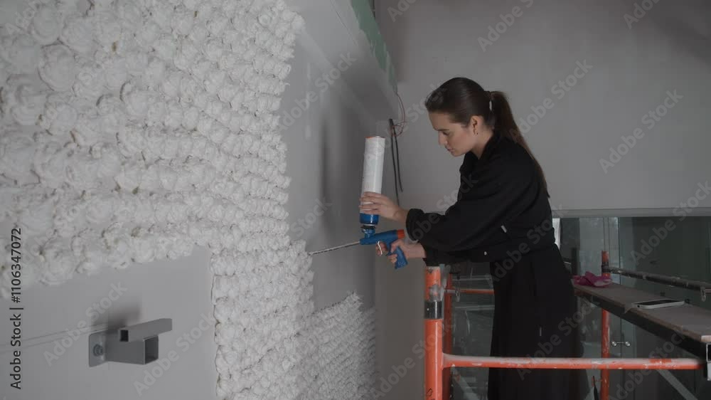 A talented young builder created a beautiful and unique pattern on the wall of the room of the production room using styrofoam. A talented young builder created a beautiful and unique pattern on the wall of the room of the production room using styrofoam.