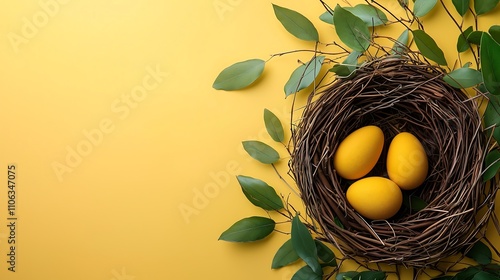 Easter eggs in a nest with on yellow background with copy space. Easter concept.