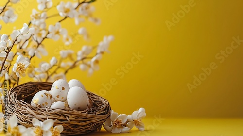 Easter eggs in a nest with spring flowers on yellow background with copy space. Easter concept.