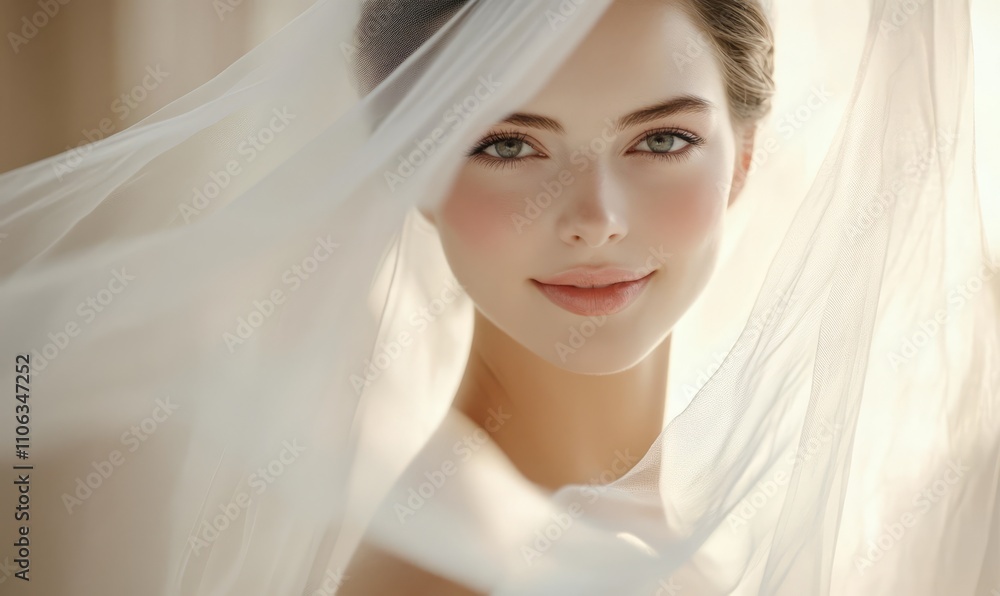Close-up of bride's face with flowing veil. Concept: timeless beauty and bridal elegance Close-up of bride's face with flowing veil. Concept: timeless beauty and bridal elegance