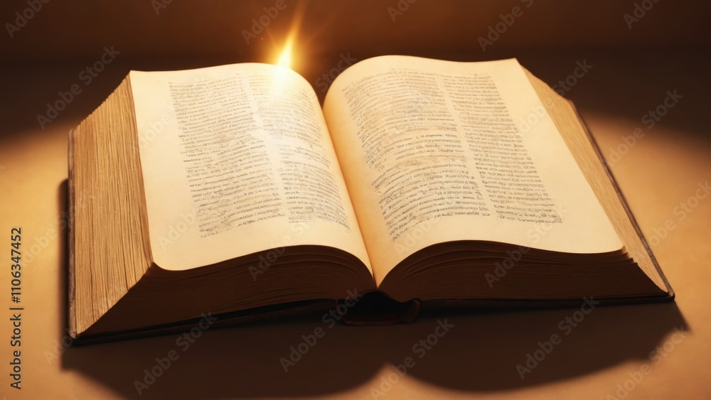 A beautifully illuminated book opens wide, revealing pages with wisdom under a radiant sunrise A beautifully illuminated book opens wide, revealing pages with wisdom under a radiant sunrise