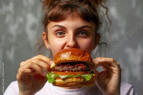 A person covering their face with a hamburger, possibly indicating embarrassment or disgust