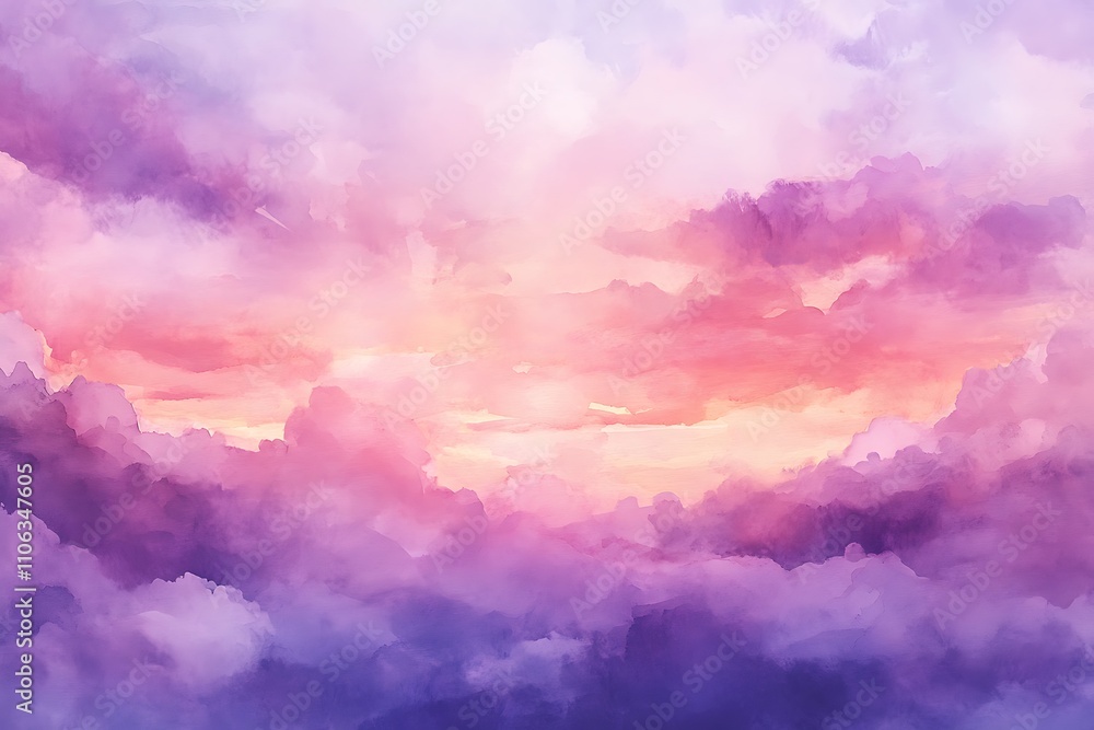 Watercolor soft pastel pink and purple clouds at sunset, dreamy sky background with fluffy cloudscape, atmospheric artistic texture for design and decoration Watercolor soft pastel pink and purple clouds at sunset, dreamy sky background with fluffy cloudscape, atmospheric artistic texture for design and decoration
