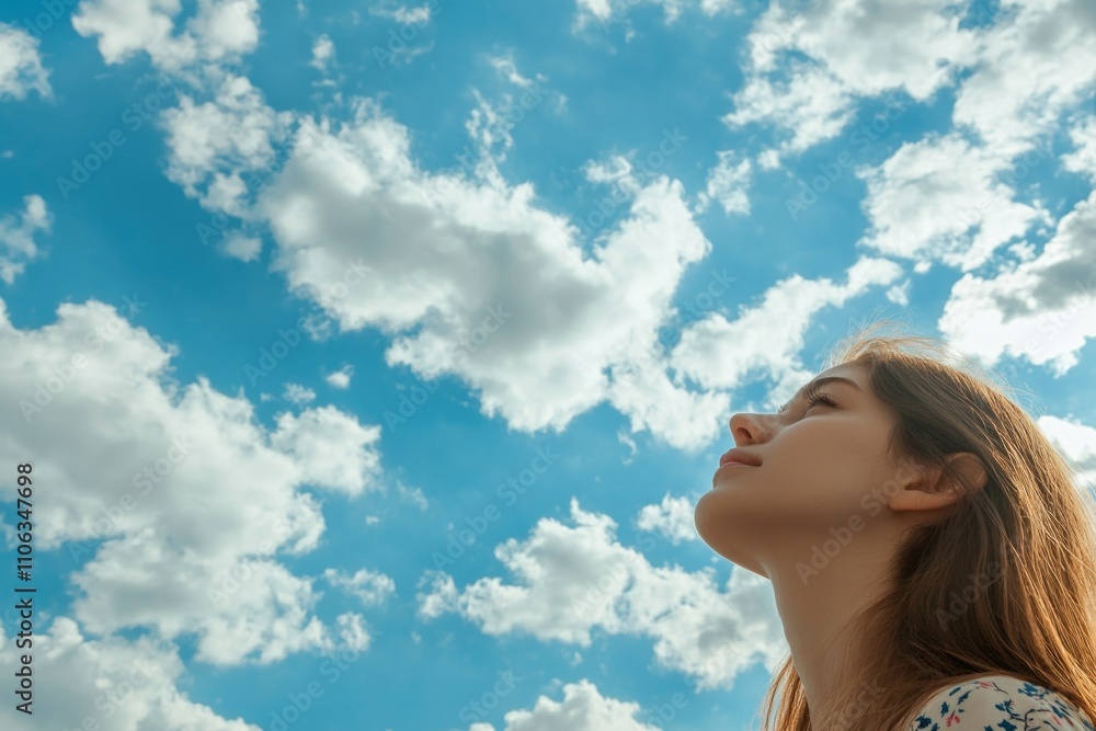 A person looks up towards the sky with contemplative expression A person looks up towards the sky with contemplative expression