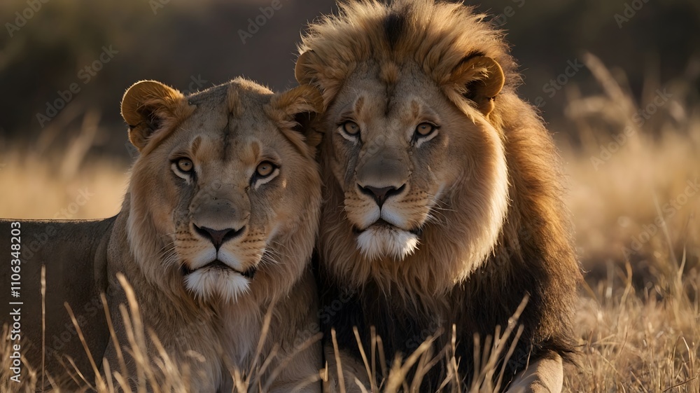 Obraz premium Lions love in the golden savannah, showing majestic bond and serenity under the evening sky.