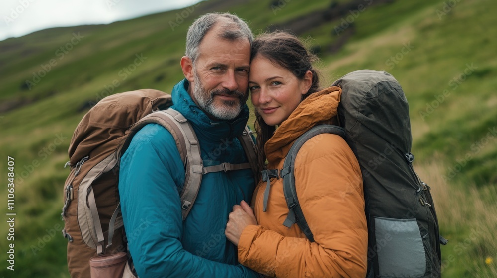 A couple carrying backpacks enjoying a hike in a green field A couple carrying backpacks enjoying a hike in a green field