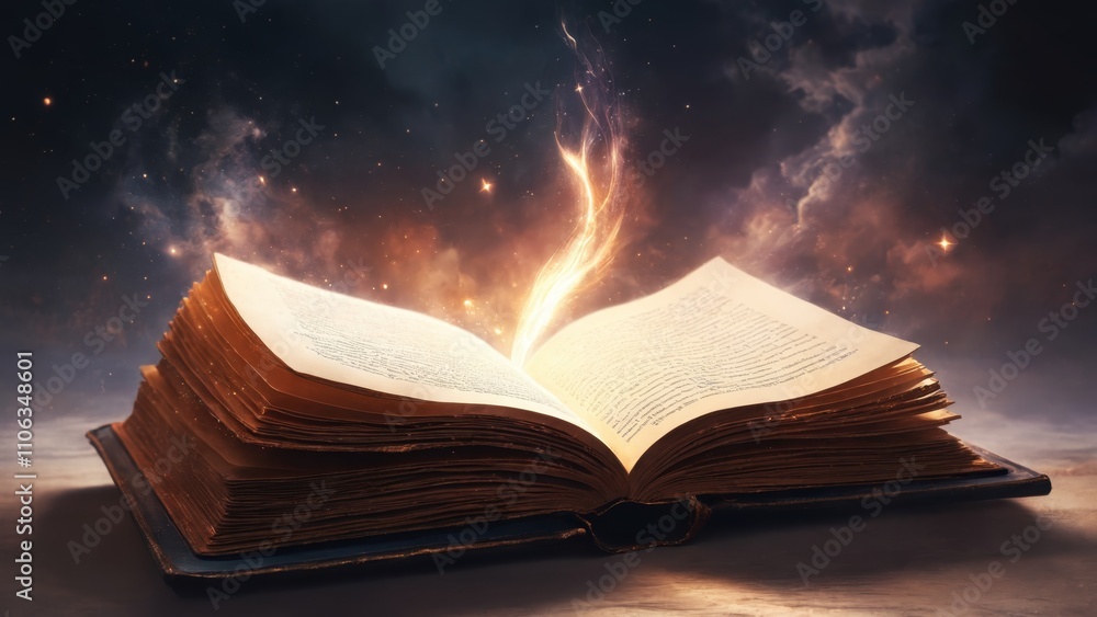 A magical book opens, unleashing a swirling light against a cosmic backdrop at twilight A magical book opens, unleashing a swirling light against a cosmic backdrop at twilight
