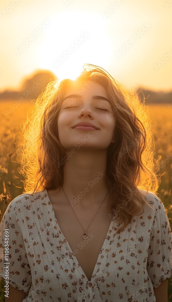 backlit portrait of calm happy smiling free woman with closed eyes enjoys a beautiful moment life on the fields at sunset,photography backlit portrait of calm happy smiling free woman with closed eyes enjoys a beautiful moment life on the fields at sunset,photography