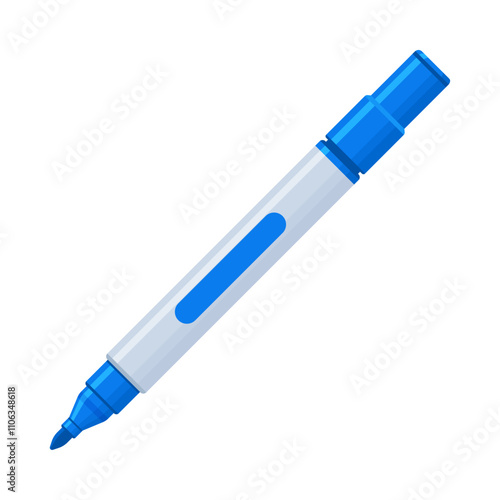 Dark blue whiteboard permanent marker pen with cap off. School supplies, stationery, drawing, writing tool concept. Flat vector illustration isolated on a white background with copy space