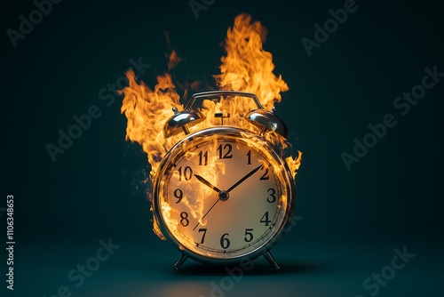Burning alarm clock on dark background. Passing of time or wasting time concept. Timeout or deadline, urgency.
