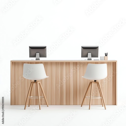 A modern office workspace featuring a sleek wooden counter with two stylish chairs and computers. Ideal for showcasing a professional environment or remote work setup.