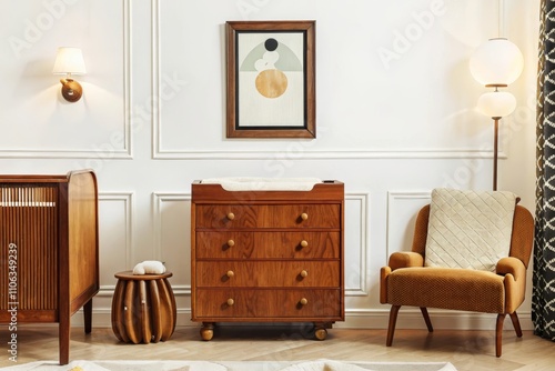 Vintage inspired photograph of a nursery with a framed poster, aged wooden furniture and classic baby accessories, soft, warm light creating a retro feel