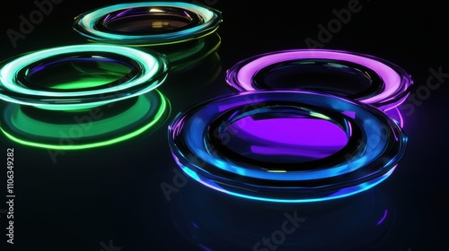 Concentric neon rings in vivid blue, violet, and green radiate outward on a dark background, creating a pulsating, futuristic energy flow with glowing edges.