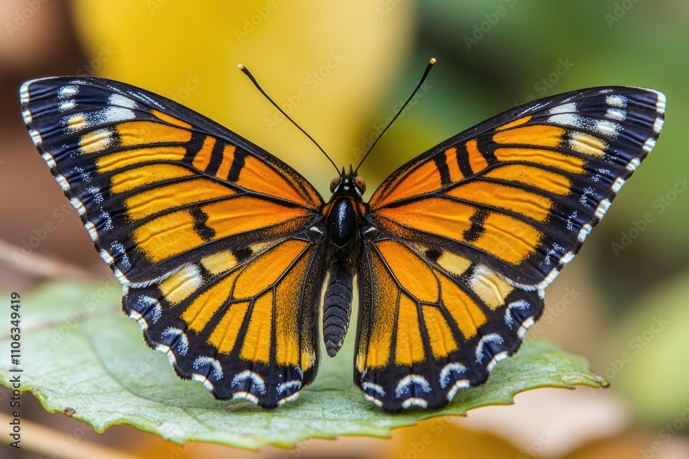 Naklejka premium A close-up shot of a butterfly perched on a green leaf