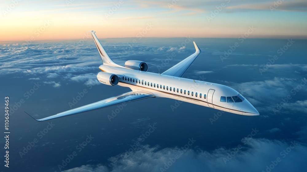 Fototapeta premium An electric transport aircraft glides gracefully above the clouds as the sun sets, casting a warm glow across the sky. The innovation represents a new era in sustainable aviation.