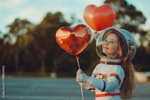 A young child dressed in a space suit holds a heart-shaped balloon, possibly for a theme party or as a fun costume photo