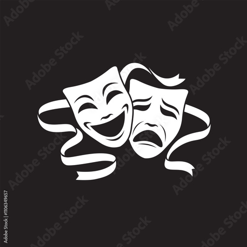 icon of comedy and tragedy theatrical masks isolated on black background