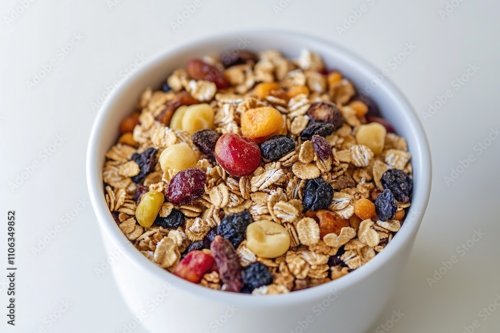A bowl filled with crunchy granola, fresh fruit, and nuts, perfect for a quick snack or breakfast A bowl filled with crunchy granola, fresh fruit, and nuts, perfect for a quick snack or breakfast