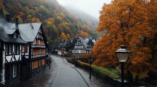Fototapeta Naklejka Na Ścianę i Meble -  Early morning fog blankets a charming small town in the Black Forest, highlighting half-timbered houses and tranquil atmosphere