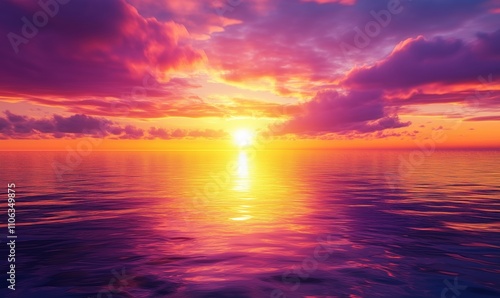 Vibrant sunset over calm ocean waters, colorful clouds reflecting on surface, serene atmosphere, tranquil scene