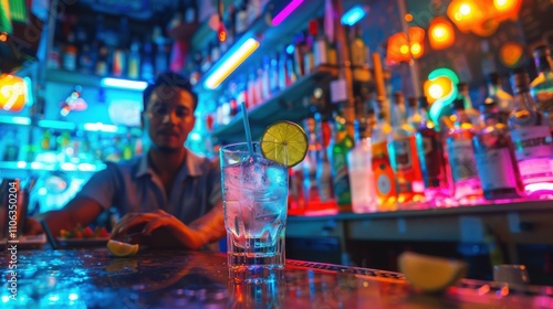 Wallpaper Mural Barman carefully measuring ingredients for a cocktail, neon lights casting a vibrant glow, bar patrons eagerly awaiting their drinks Torontodigital.ca