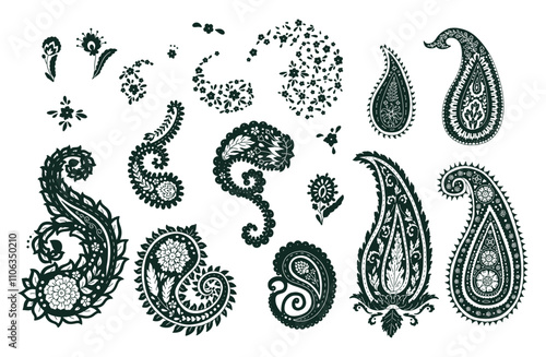 Set of black and white paisley silhouette motifs isolated on white background. Indian style monochrome design elements bundle