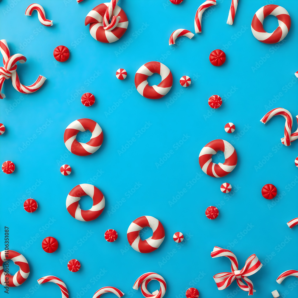 Fototapeta premium Creative minimal Christmas art. Pattern made with Christmas candies on bright blue background. Flat lay. Copy space. Minimal composition.
