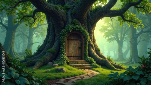 A mystical wooden door nestled within the roots of an ancient tree in a sun-dappled enchanted forest, inviting exploration. Concept of a hidden, magical entrance to a fairytale world.