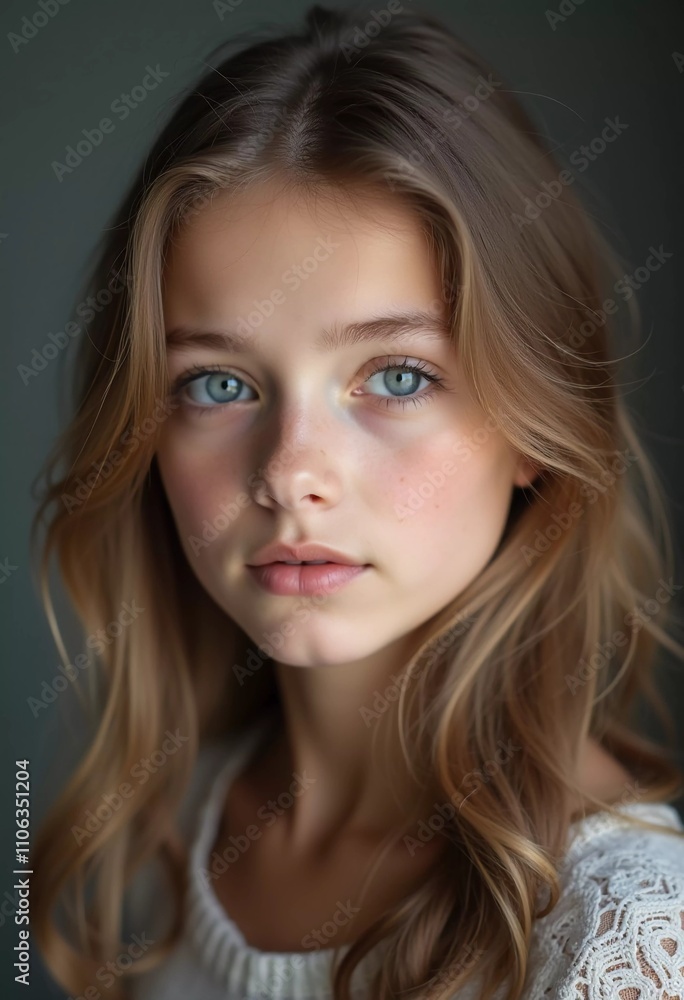 A young girl stands indoor in Russia, her striking grey-blue eyes gazing intently at the viewer. Natural light enhances her delicate features and long hair. Cute kid teenager schoolgirl. GenerativeAI A young girl stands indoor in Russia, her striking grey-blue eyes gazing intently at the viewer. Natural light enhances her delicate features and long hair. Cute kid teenager schoolgirl. GenerativeAI