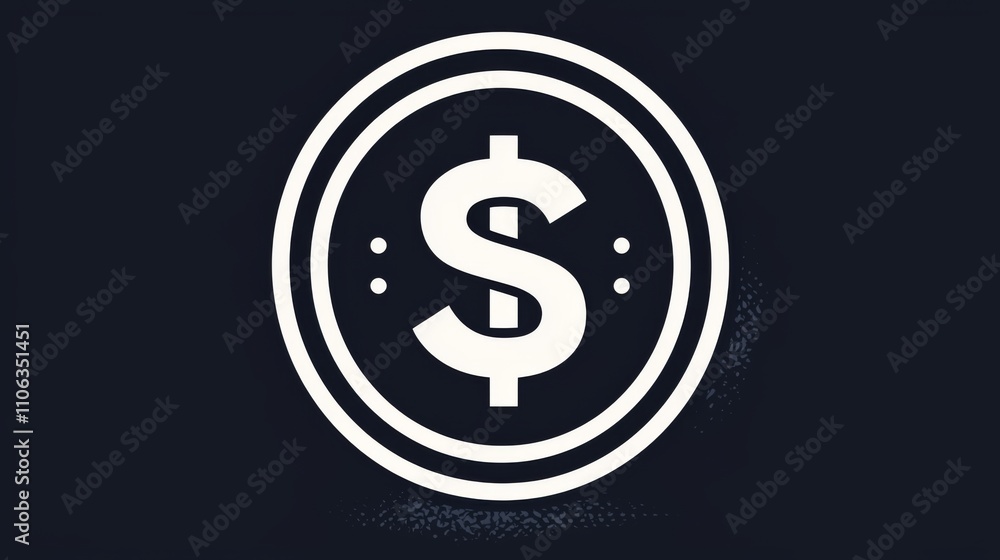 Dollar sign icon inside a circular black frame on a navy background Dollar sign icon inside a circular black frame on a navy background