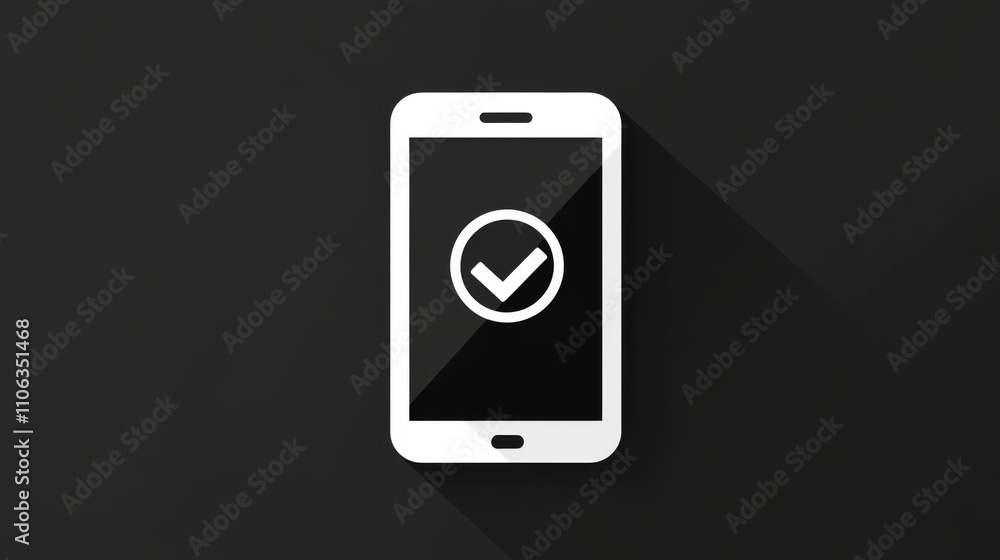 Minimalistic smartphone icon with a checkmark on a black background Minimalistic smartphone icon with a checkmark on a black background